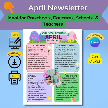 Preview of April Newsletter for Schools, Daycares, Teachers, Classroom fully editable