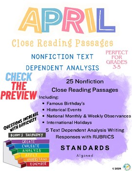 Preview of April NonFiction Passages, Writing Prompts, Text Dependent Questions - TDA
