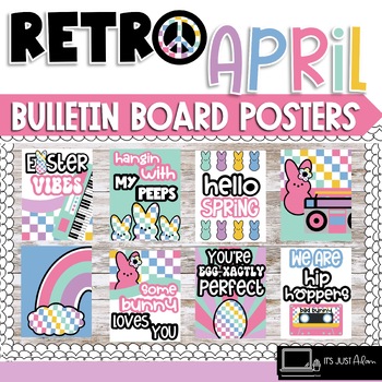 Preview of April Posters Bulletin Board Easter Posters Boho Retro Rainbow Spring