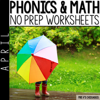 Preview of April No Prep Phonics and Math Worksheets for Kindergarten/ Distance Learning