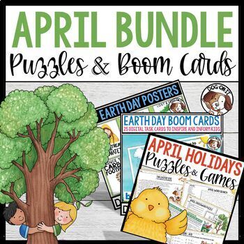 Preview of April Puzzles Games Earth Day Boom Cards with Audio Options Posters Bundle