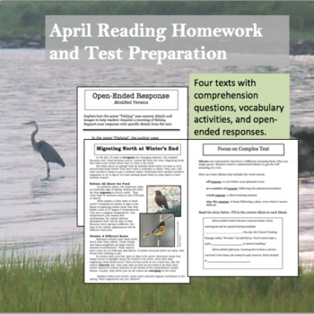Preview of April Reading Homework and Test Preparation