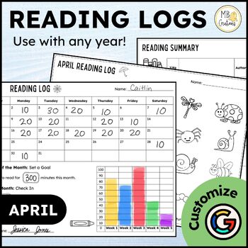 Preview of April Reading Logs - Editable Reading Log with Parent Signature and Summary Page