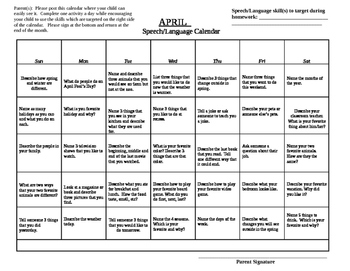 Preview of April  Speech Language Homework Calendar