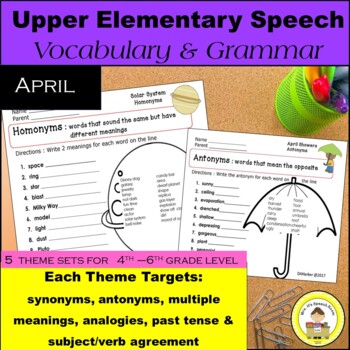 Preview of April  Upper Elementary Speech Therapy Vocabulary & Grammar Themed Worksheets
