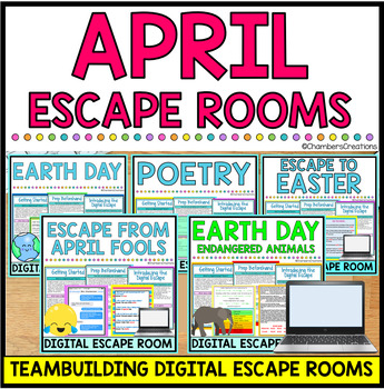 Preview of April Teambuilding Digital Escape Rooms Easter, April Fool's, Poetry Month