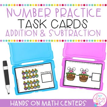 Preview of Addition & Subtraction Task Cards | Kindergarten Math Centers | Easter & April