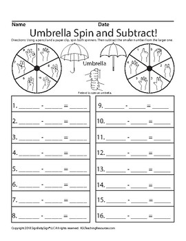 Preview of April Umbrella Spin and Subtract, ASL Sign Language