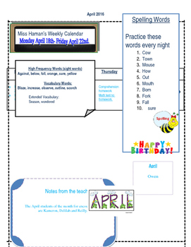 Preview of April Weekly Homework Sheet