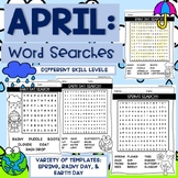 April Word Searches: Spring, Rainy Day, Earth Day NO PREP K-2nd