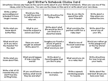 April Writer's Choice Board / Calendar Prompts for Writer's Notebook