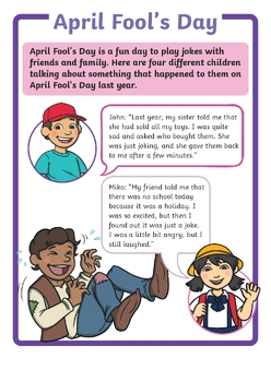 Preview of April fools day, April Fools Day reading comprehension, for 1st to 3rd grade