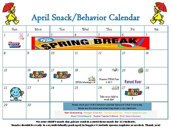 Preview of April snack calendar-editable