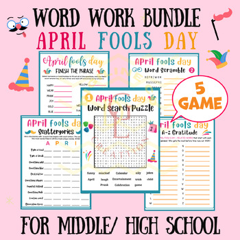 Preview of Aprils fool Day word work BUNDLE phonics centers word scramble main idea Middle