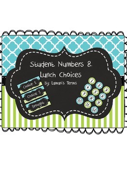 Preview of Aqua blue quatrefoil, lime green stripe chalkboard lunch choices student numbers