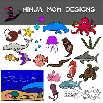 Aquarium Animal Clip Art- Color and Black Line by Ninja Mom Designs