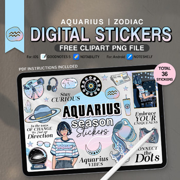 Preview of Aquarius Season Digital Stickers, 36 PNG Funny Zodiac Signs, Astrology Sticker