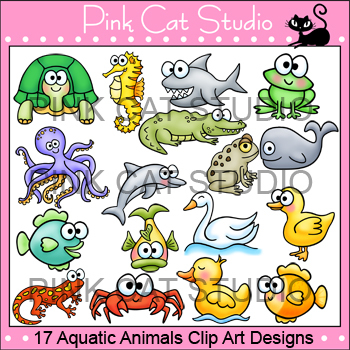 Preview of Aquatic Animals Clip Art: turtle, dolphin, octopus, shark, whale, crab, frog