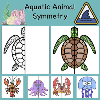 Preview of Aquatic Animals Lines of Symmetry Drawing Activity - Fun End of Year Math Art