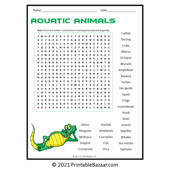 Aquatic Animals Word Search Puzzle - No Prep Science Activity Printable PDF