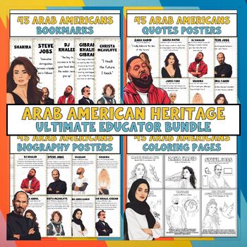 Preview of Arab American Heritage Month Bundle: Biographies Quotes Coloring Pages Bookmarks