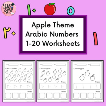 Preview of Arabic Apple Theme Number 1-20 Activity Tracing and Writing Worksheets