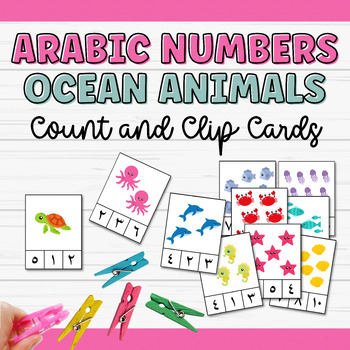 Preview of Arabic Numbers Ocean Animals Math Task Cards | Counting Clip Cards 1-10