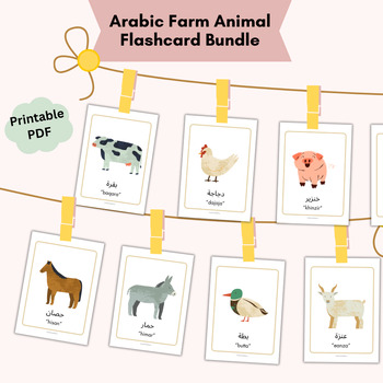Preview of Arabic and Phonetic Transcription Arabic Farm Animal Flashcards PDF Print