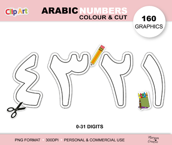 Preview of Arabic numbers colouring and cut clipart, 160 PNG graphics, ارقام عربية