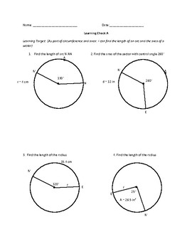 Arc Length and Area of Sectors Self Assessment by Student Centered ...