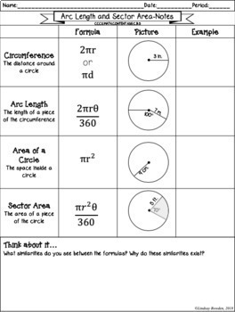 Arc Length and Sector Area Guided Notes and Worksheets by Lindsay Bowden