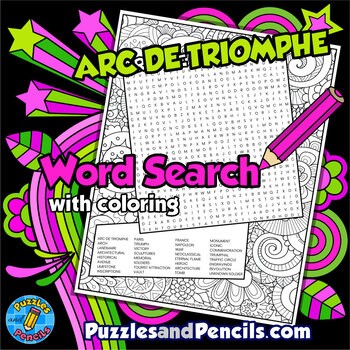 Arc de Triomphe Word Search Puzzle with Coloring World Landmarks