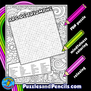 Arc de Triomphe Word Search Puzzle with Coloring World Landmarks