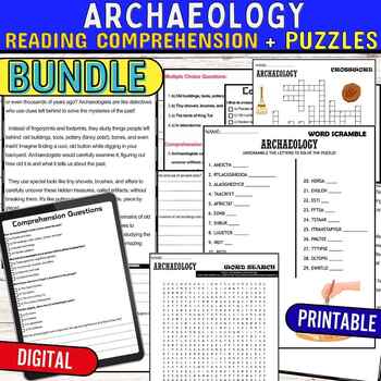 Preview of Archaeology Reading Comprehension Passage ,PUZZLES ,Quiz,Digital BUNDLE