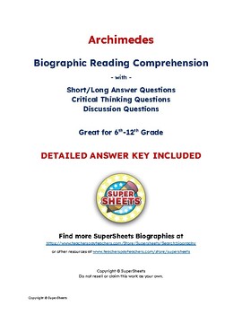 Preview of Archimedes Biography: Reading Comprehension & Questions w/ Answer Key