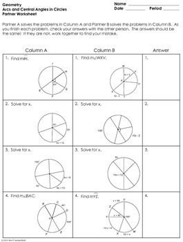 arcs and central angles in circles partner worksheet by