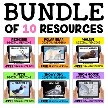 Preview of Digital Arctic Animal Reading Comprehension Activities Bundle + FREE Spanish