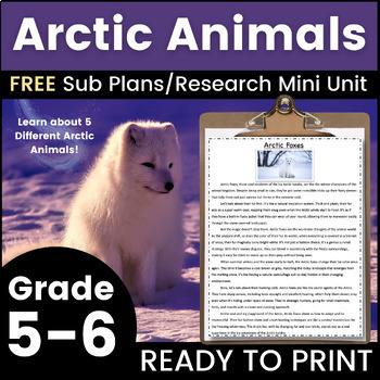 Preview of Arctic Animals FREE 5th Grade Emergency Sub Plans English Research Unit