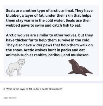 Arctic Animals Reading Comprehension Quiz with Answer Key for 3rd Grade