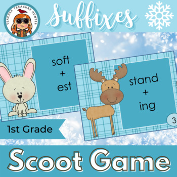 Preview of Suffix Scoot game 1st grade reading ELA activity plus mini-poster for teaching