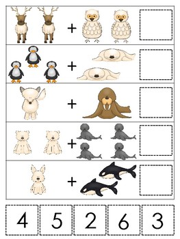 Preview of Arctic Animals Themed Math Addition Printable Preschool Educational Game.