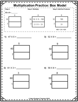 Preview of Area Box Model Multiplication Printable Worksheets for 2-digit by 1-digit