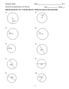 Preview of Area & Circumference of Circles (5 Different Worksheet Versions)
