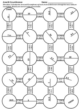Preview of Area & Circumference of a Circle Maze Worksheet Practice with Key