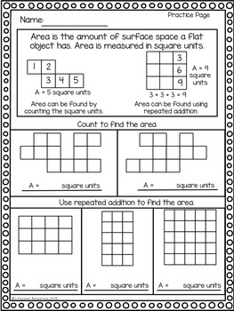 Area Game and Printables- Counting Square Units and Repeated Addition