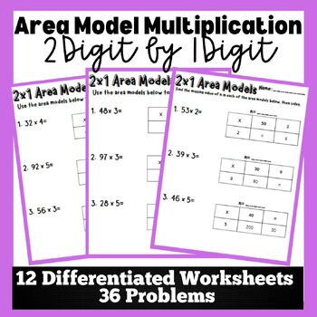 Preview of Area Model / Array Multiplication Differentiated Practice Worksheets- 2x1 Digit