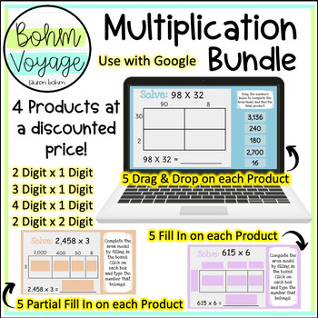 Preview of Area Model Multiplication *Bundle* Google Slides (2 digit, 3 digit, & 4 digit)