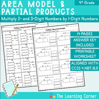 Preview of Area Model and Partial Product Multiplication Worksheet (2-, 3-digit by 1-digit)