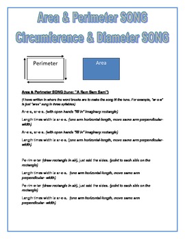 Preview of Area, Perimeter, Circumference, Diameter vocabulary song- easy and fun