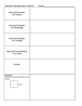 Preview of Area Perimeter Circumference Volume NOTES 